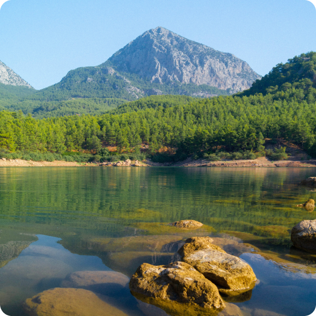 Forested mountain reflected in a clear lake