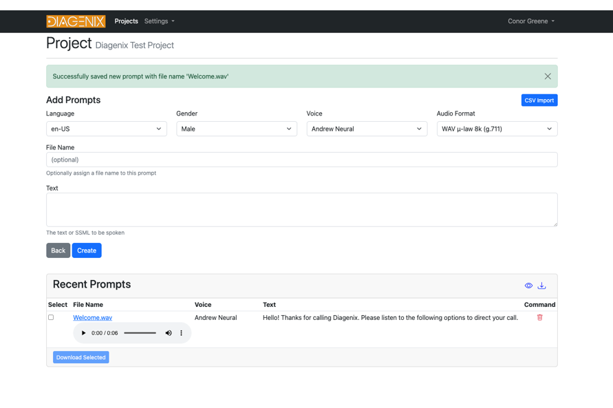 SimpleSpeak audio preview screen